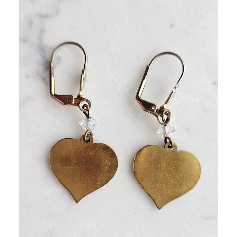 Vtg Leverback Dangle Heart w/Cherub BrassTone Earrings Glass Crystal Bead Accent - Picture 3 of 4
